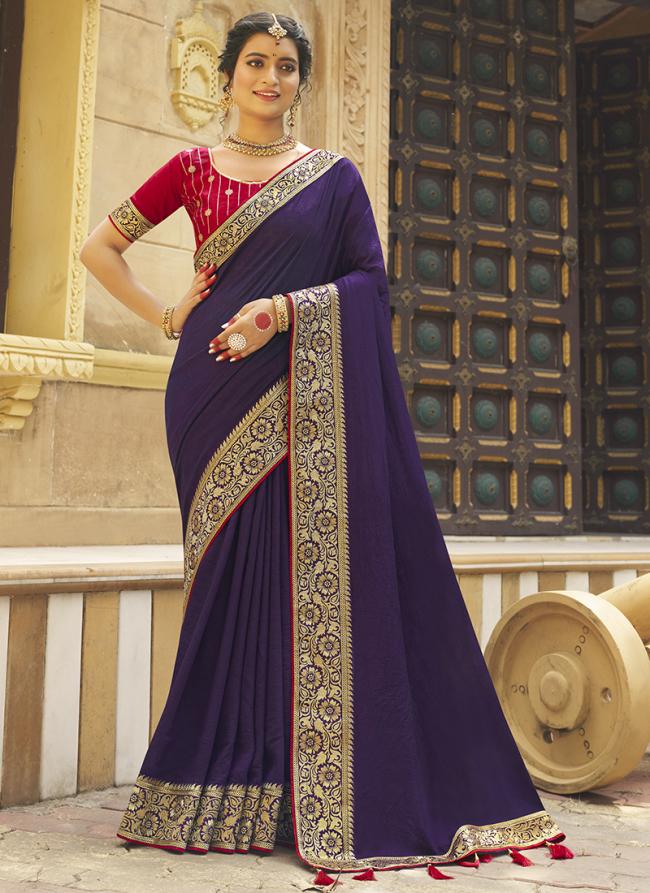 Vichitra Silk Purple Festival Wear Embroidery Work Saree